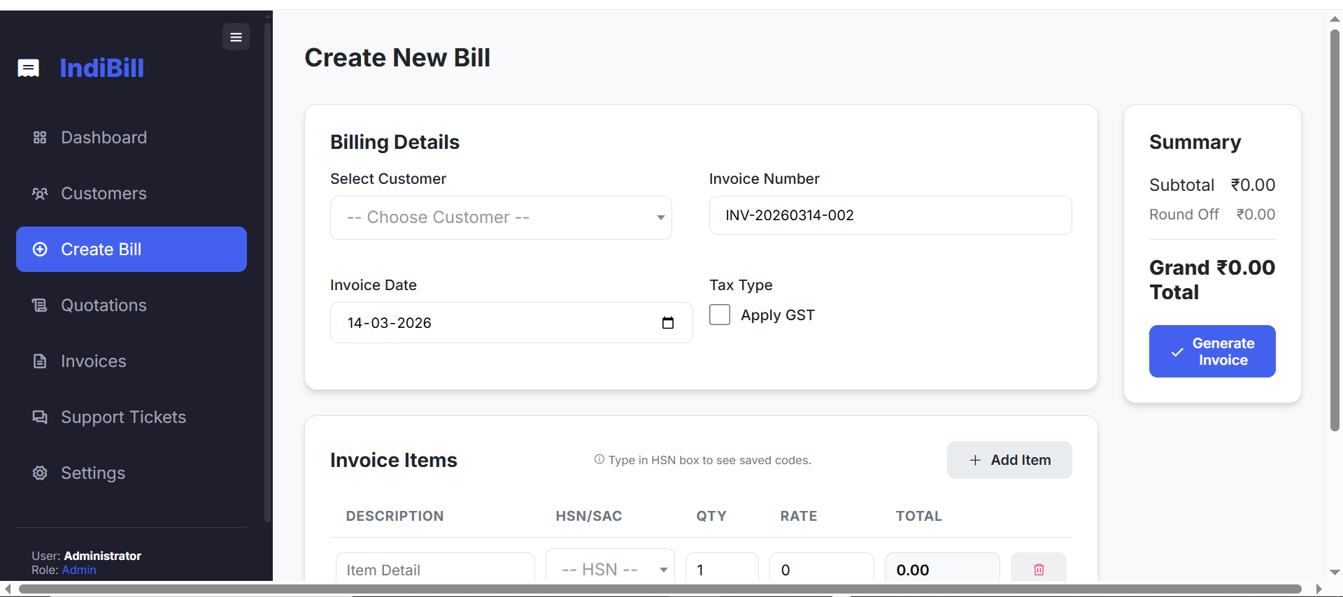 Create Bills Screen